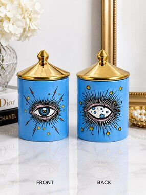 Mystic Evil Eye Blue Ceramic Trinket Jar Gold Lid Celestial Home Decor